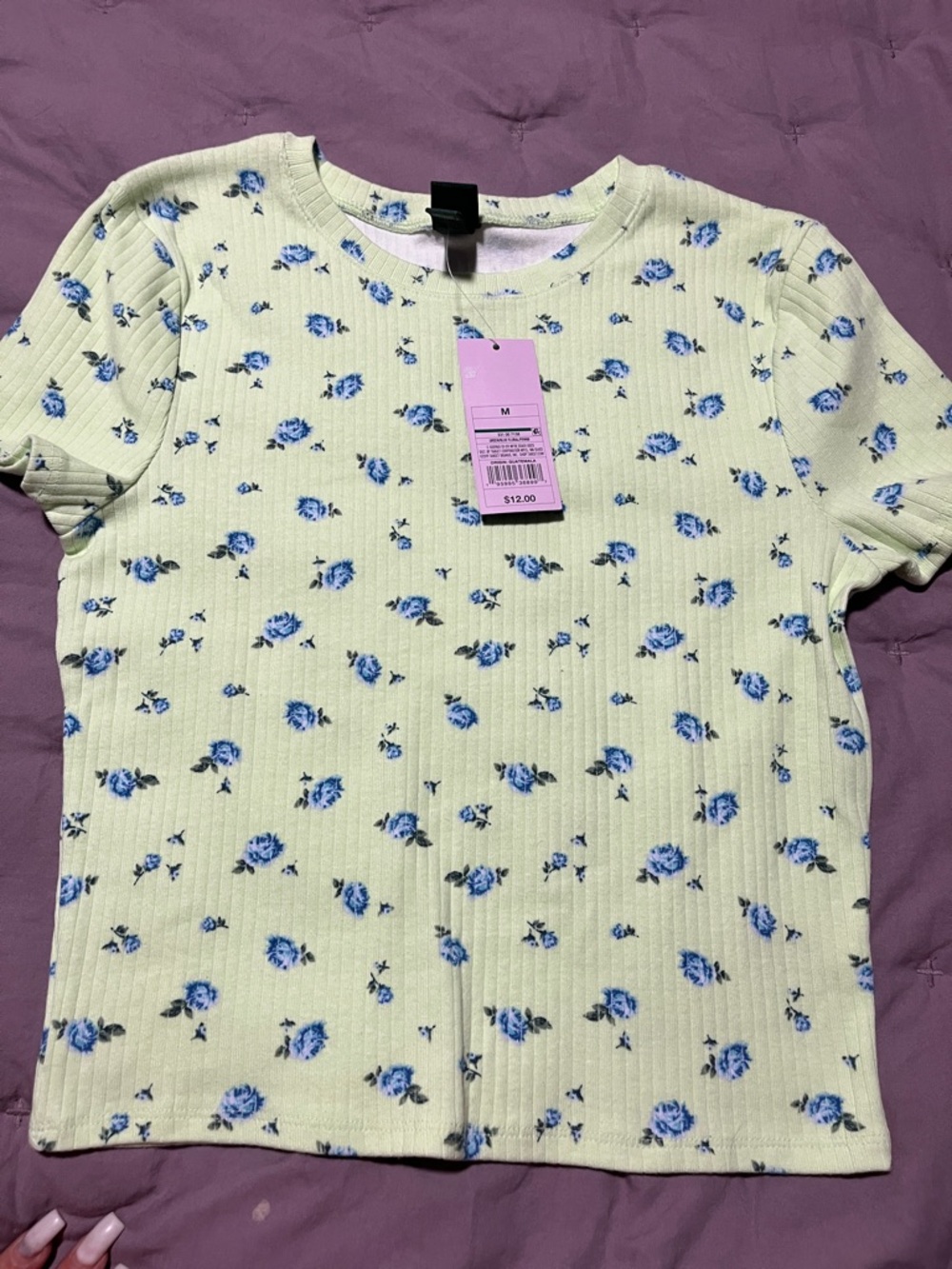 Floral Ribbed Short Sleeve Tee - Light Yellow with Blue Roses